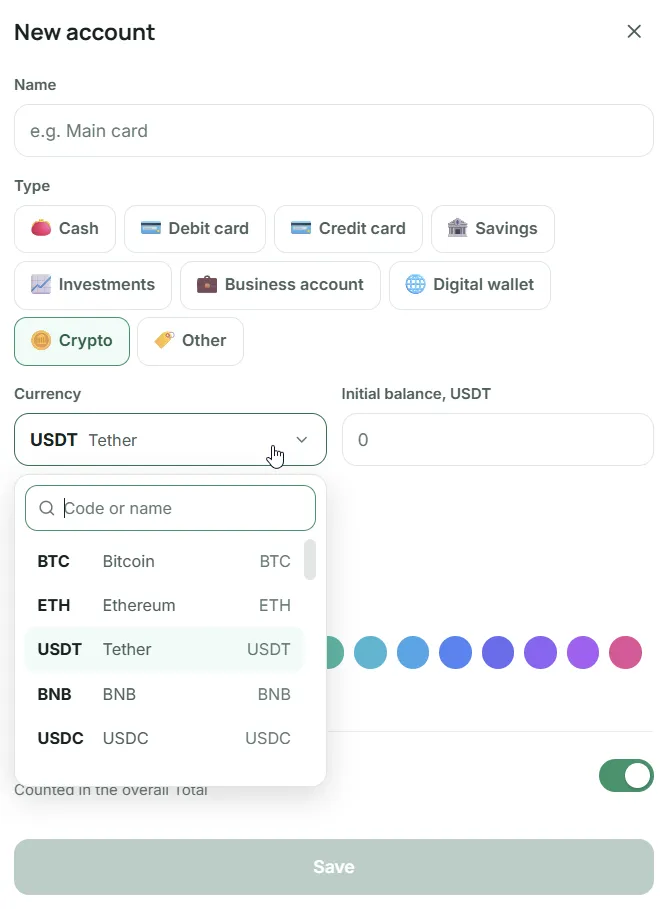 Flash Budget — crypto account with USDT and coin picker